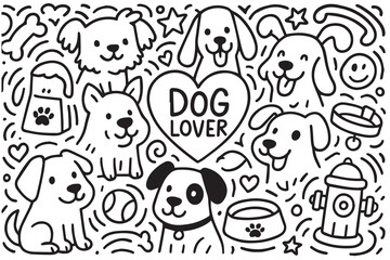 A black and white vector doodle features playful sketches of dogs, bones, and paw prints, capturing the joyful spirit of every dog lover.

