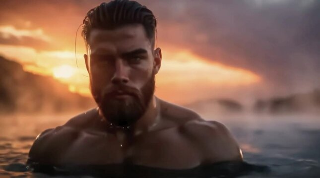 Handsome Man Emerging from Water at Sunset with Intense Gaze and Muscular Physique