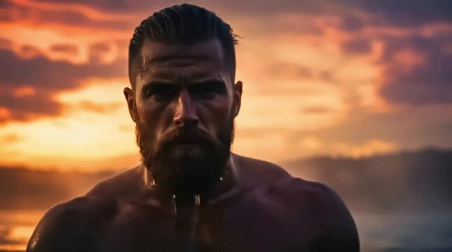 Dramatic Scene of Strong Man in Water with Sunset Sky and Misty Atmosphere