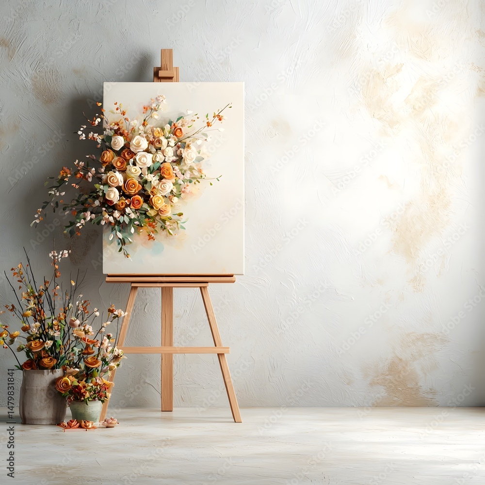 Poster A colorful floral painting displayed on a wooden easel against a plain white wall creating a serene and creative atmosphere in the studio like setting
