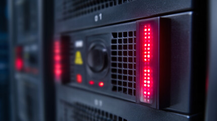 Data center server rack closeup with red lights for network storage and processing power