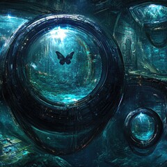 A futuristic, deep-space station.  Circular windows reveal an ethereal, teal-green environment. A butterfly floats serenely inside