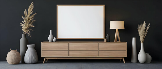 Modern Minimalist Living Room Decor With Wooden Console Table And Empty Frame