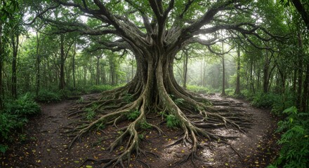 Obraz premium Ancient Tree with Massive Roots in Lush Green Forest