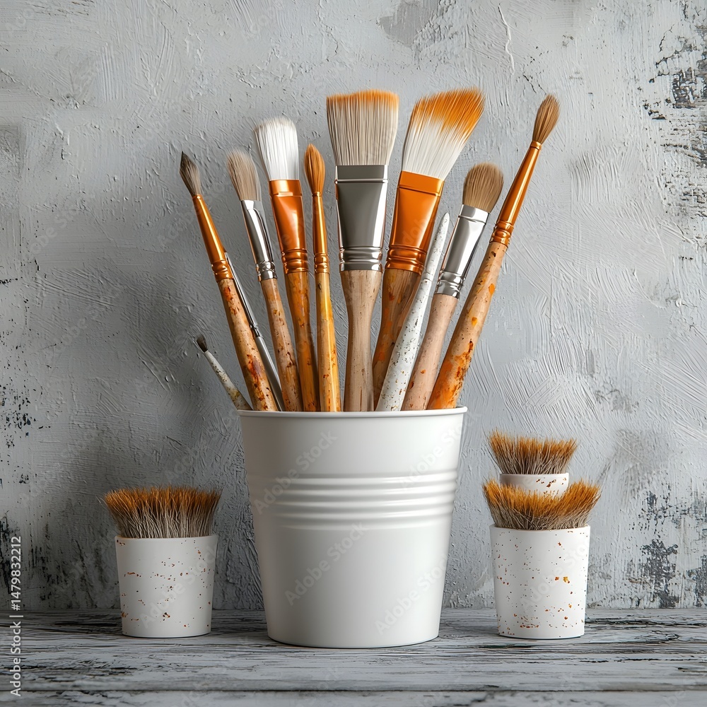 Poster an organized collection of various sized and shaped paintbrushes in different colors arranged neatly