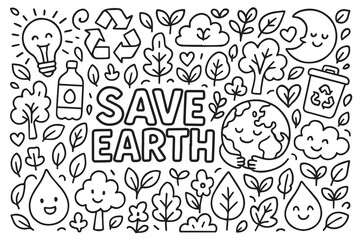 The vector doodle background uses black and white drawings of Earth, hearts, and nature, delivering a positive message about saving the environment.

