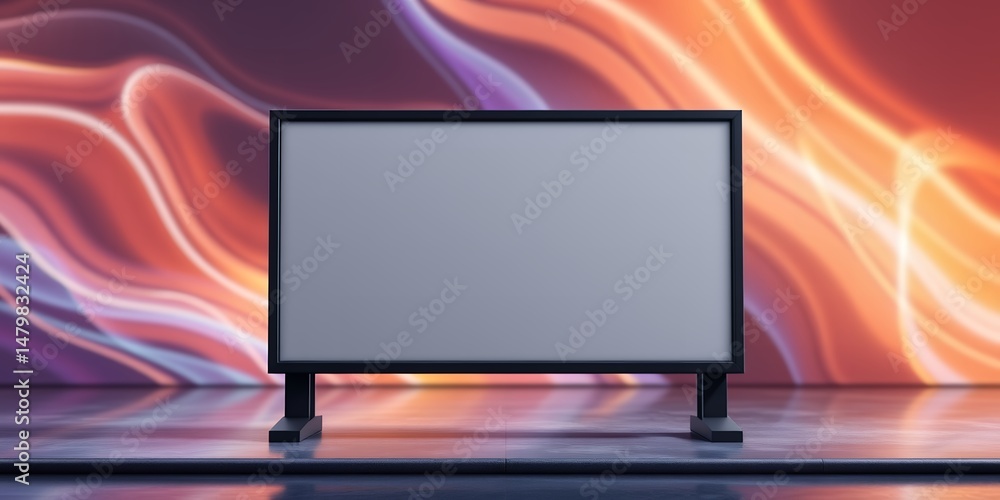 Poster blank rectangular display screen with a black frame stands against an abstract background