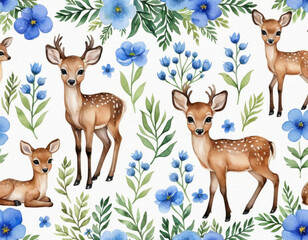 A beautiful pattern featuring deer and blue flowers on a white background