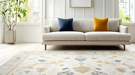 Stylish Living Room With Beige Sofa, Colorful Rug, And Natural Light