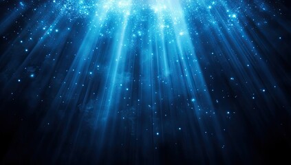 Deep blue, radiating light beams, sparkling particles, illuminating dark background