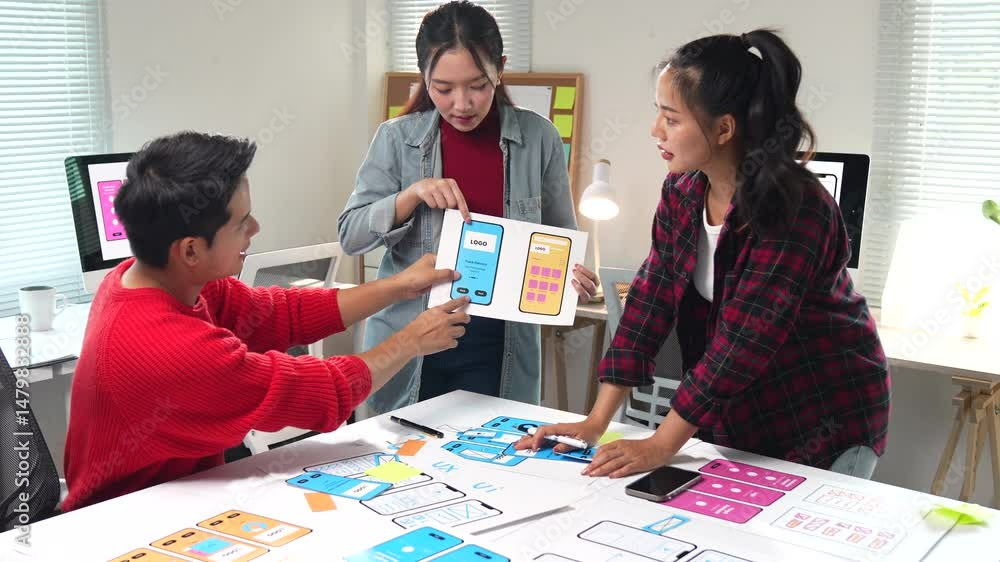 Poster collaborative effort by asian ux designers working intently on mobile app interface, carefully evalu