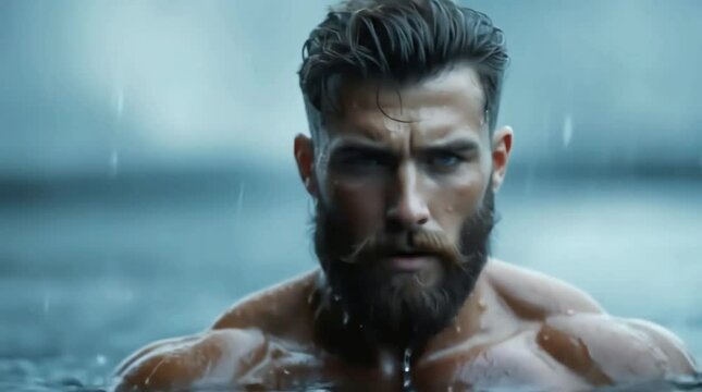 Sculpted Shoulders and Wet Beard of Man Emerging from Rainy Waters
