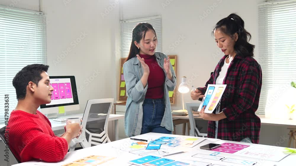 Poster professional web designers collaborating on mobile app design sketches, sharing innovative ideas and