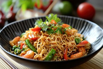 Innovative fusion dish featuring instant noodles culinary art food photography vibrant kitchen close-up culinary creativity