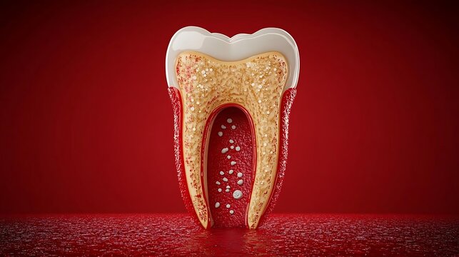 Tooth decay, dental health, red background