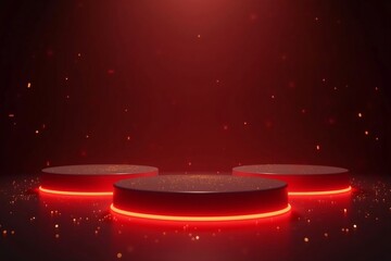 Three elevated platforms illuminated by red lights create a dramatic atmosphere for an event or performance