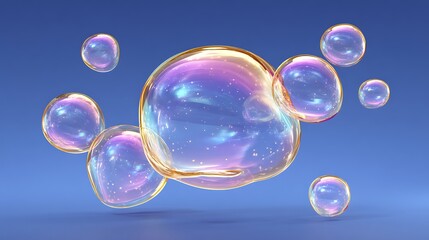 Naklejka premium Iridescent Soap Bubbles Float on Blue Background.