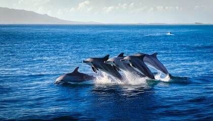 Fototapeta premium Una bandada de delfines salta alegremente del agua y juega en el océano.