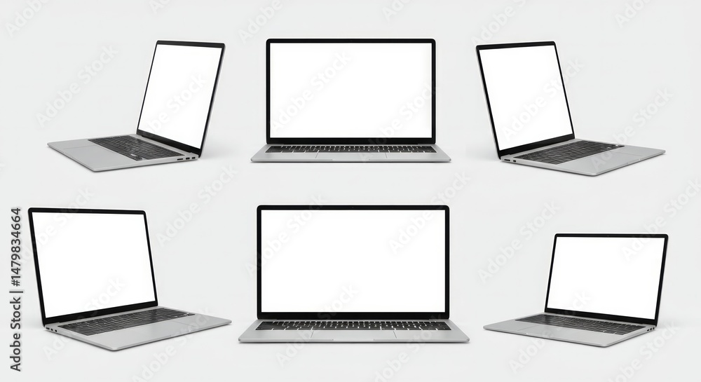 Poster minimalist laptop array: sleek silver notebooks with blank screens for mockups