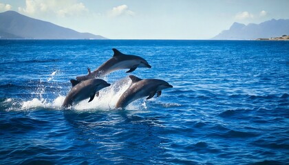 Fototapeta premium Una bandada de delfines salta alegremente del agua y juega en el océano.