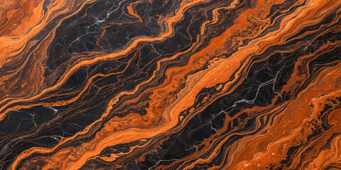 Obraz premium Vivid black marble laced with fiery orange and rust-red veins creates an intense, lava-like pattern, resembling flowing magma. Bold and dramatic with striking contrast