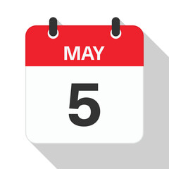 May 5 Daily Calendar. Red Theme on White Background