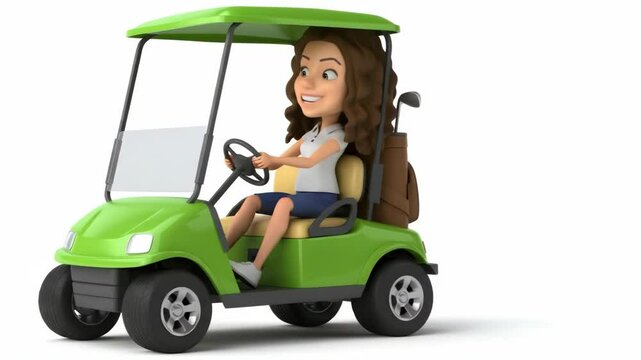 Cartoon girl driving a green golf cart with a happy expression