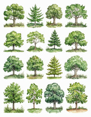Fototapeta premium Delicate illustration of watercolor trees and bushes in various shapes and sizes