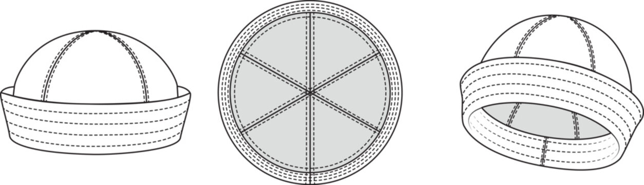 Editable technical flat of a sailor hat (docker beanie) with a six-panel dome and wide topstitched turned-up cuff. Includes front, top, and angled views, for fashion design, tech packs.