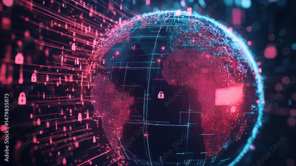 Poster abstract digital globe with pink and blue particles glowing light binary code background