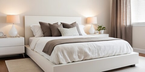 Modern Minimalist Bedroom Interior with White Bed and Brown Pillows