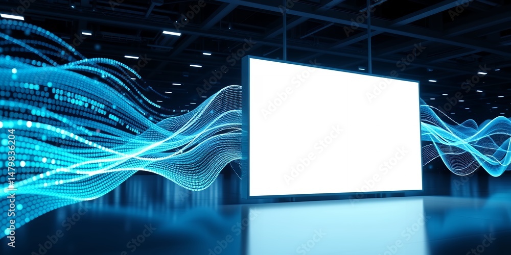 Poster blank white screen display with blue digital wave pattern in dark modern environment