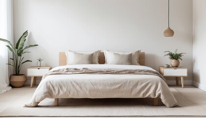 Naklejka premium Modern Minimalist Beige Bedroom Interior Design