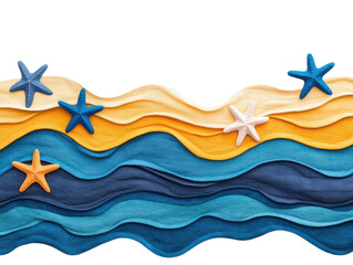 Colorful waves with starfish on a beach theme design, cut out transparent