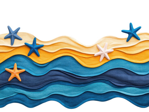 Colorful waves with starfish on a beach theme design, cut out transparent