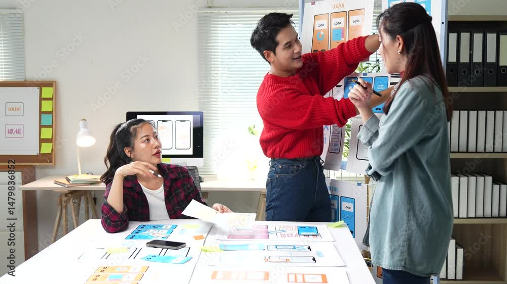 Poster professional web designers collaborating on user interface and user experience design, analyzing dig