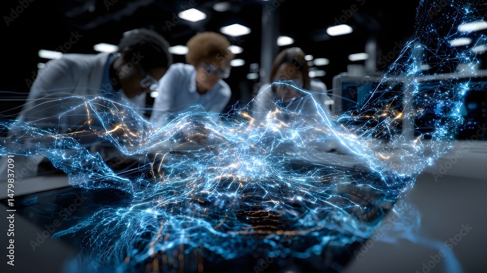 Poster individual engaged in work on a laptop while collaborating with team on holographic display