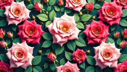 Naklejka premium Intricate blooming roses, lush leaves repeat seamlessly , garden, fabric, nature