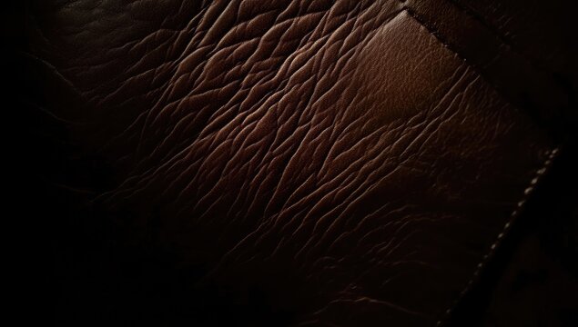Close-up view of rich brown leather, textured with subtle, wavy patterns.  Dark background highlights the embossed grain