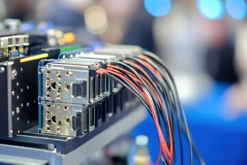 Naklejka premium Close-up View of Electronic Circuit Board with Colorful Wires and Connectors Showcasing Equipment in a Modern Technology Setup at a Trade Exhibition