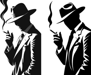 Mysterious Noir Man with Cigarette – High Contrast Black and White Stencil Vector set Illustration