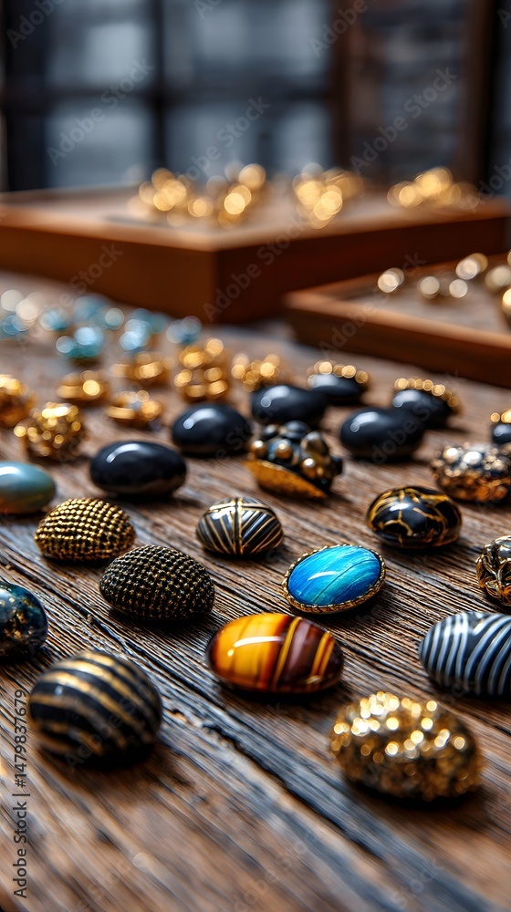 Poster colorful array of pins displayed on a rustic wooden table highlighting unique craftsmanship