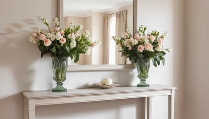 Fototapeta premium Pastel Pink and White Rose Bouquets in Crystal Vases on a Console Table
