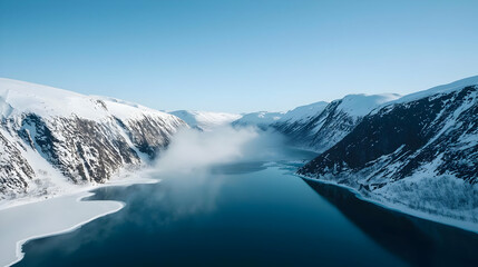 Aerial View Of Snowy Mountains And Frozen Lake
