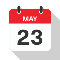 May 23 Daily Calendar. Red Theme on White Background