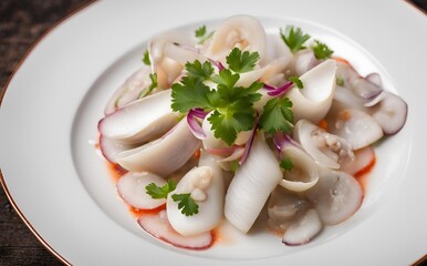 Geoduck ceviche, A unique seafood dish featuring tender geoduck clams marinated in citrus juice with fresh herbs, onions and peppers, offering a zesty and flavorful experience.