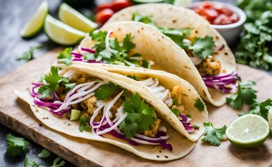 Cod fish tacos with purple cabbage and cilantro enhanced with a squeeze of lime. This dish combines tender cod, crisp vegetables and zesty citrus for exceptional flavor.