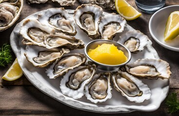 Oysters on the half shell, showcasing their natural briny flavor and smooth texture. Served chilled with a garnish of lemon and a side of cocktail sauce.