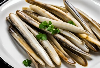 Sauteed razor clams with a fresh vibrant seafood aroma. Each bite delivers a delightful savory taste, capturing the essence of the ocean in a perfectly cooked dish.