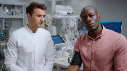 Obraz premium Surrounded by sleek laboratory equipment a researcher observes a study participant. The cuff equipped with sensors fits snugly against skin. Amidst beeping monitors and swirling charts